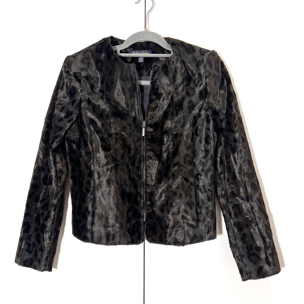 Brooks Brothers Jacket Women 6 Faux Calf Hair Animal Print‎ Full Zip Brown Black
